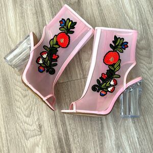 Y2K Open Toe Mesh Ankle Booties Embroidered Floral Block Clear High Heel